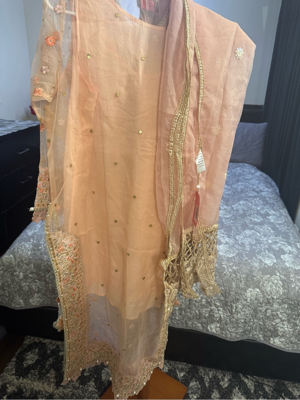 Embroidered Peach Women’s Dress with Scarf - Picture 8 of 8